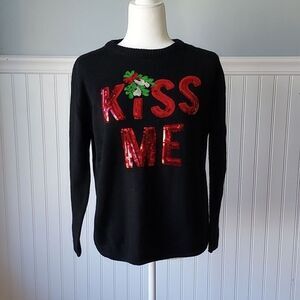 Forever 21 Kiss Me Mistletoe Christmas Sweater Black Sequins Party Holiday Small